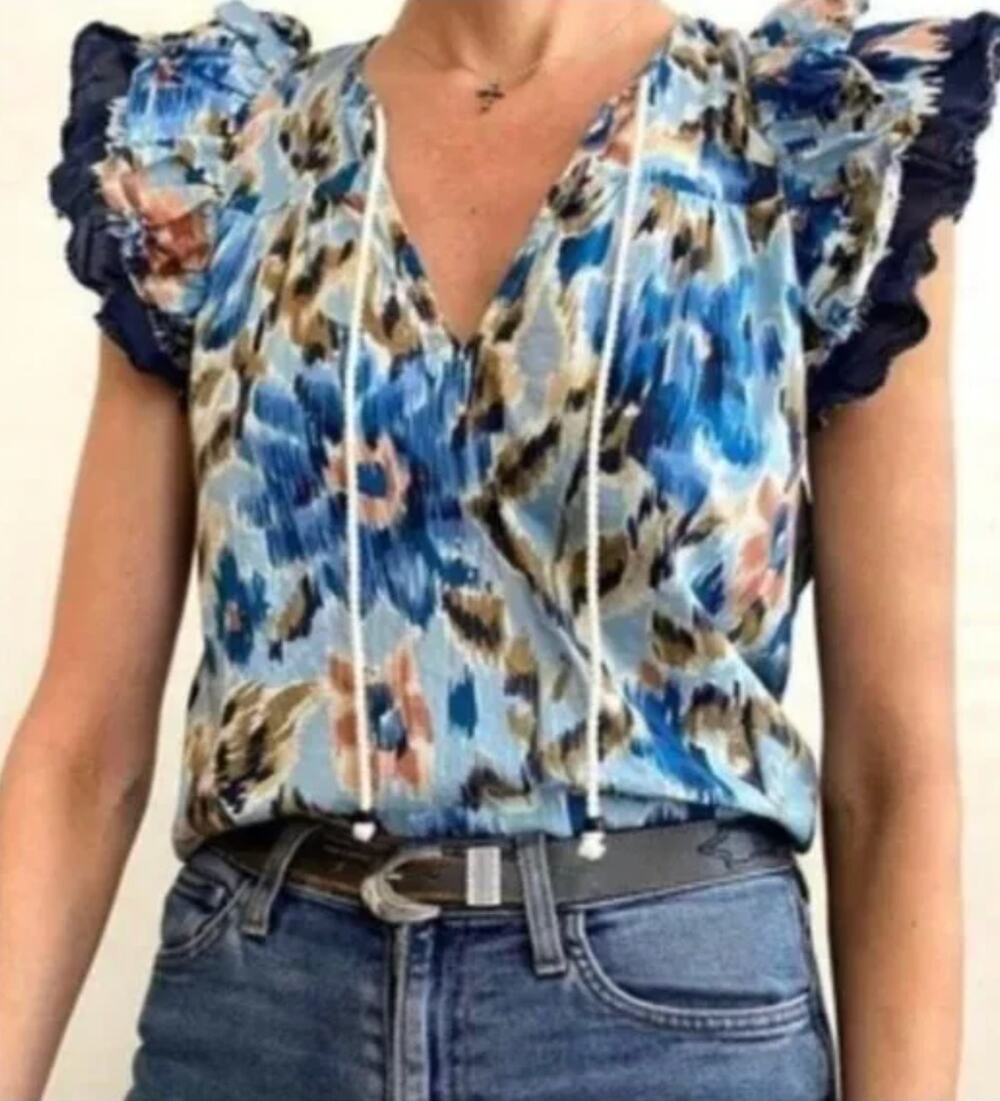 House of Harlow 1960 | Boho Ruffle Abstract Floral Top | Zoe Blue | Sz S